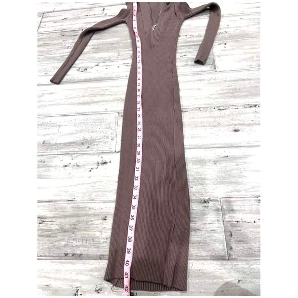 Zara Ribbed Knit Maxi Dress Brown Zip Collar 90s Minimalist CBK Style - Picture 8 of 9